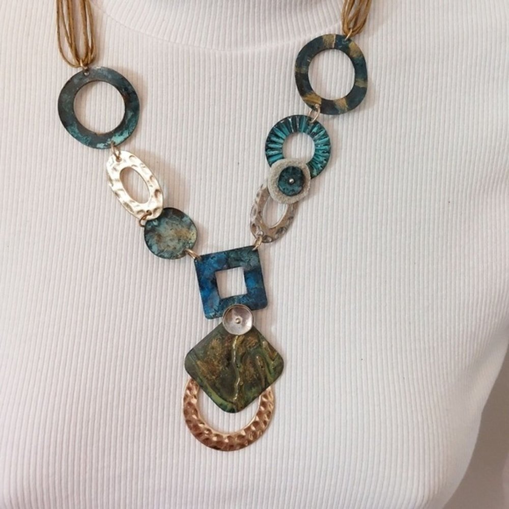 Boho Rustic Faux Patina Hammered Gold Teal Necklace - Picture 3 of 6